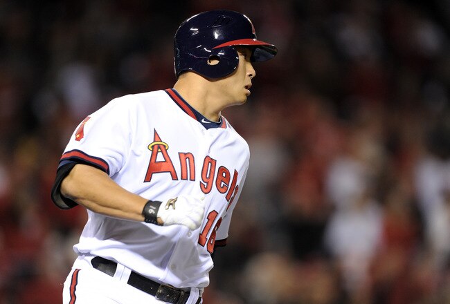 ANAHEIM, CA - APRIL 22:  Hank Conger #16 of the Los Angeles Angels heads to first base against the Boston Red Sox at Angel Stadium on April 22, 2011 in Anaheim, California.  (Photo by Harry How/Getty Images)