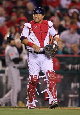 ANAHEIM, CA - APRIL 08:  Hank Conger #16 of the Los Angeles Angels of Anaheim looks on against the Toronto Blue Jays at Angel Stadium of Anaheim on April 8, 2011 in Anaheim, California.  (Photo by Jeff Gross/Getty Images)
