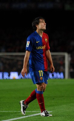 BARCELONA, SPAIN - APRIL 11:  Bojan Krkic of Barcelona reacts after failing score during the La Liga match between Barcelona and  Recreativo Huelva at the Camp Nou Stadium on April 11, 2009 in Barcelona, Spain. Barcelona won the match 2-0.  (Photo by Jasp