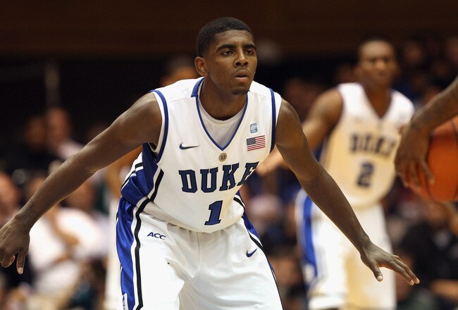 DURHAM, NC - DECEMBER 01:  Kyrie Irving #1 of the Duke Blue Devils watches on during their game against the Michigan State Spartans at Cameron Indoor Stadium on December 1, 2010 in Durham, North Carolina.  (Photo by Streeter Lecka/Getty Images)