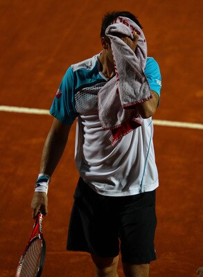 ROME, ITALY - MAY 13: Robin Soderling of Sweden shows his dejection during his straight sets defeat in his quarter final match by Novak Djokovic of Serbia during day six of the Internazoinali BNL D'Italia at the Foro Italico Tennis Centre  on May 13, 2011