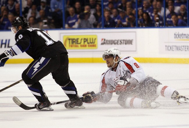 TAMPA, FL - MAY 03: Alex Ovechkin #8 of the Washington Capitals loses an edge against the Tampa Bay Lightning in Game Three of the Eastern Conference Semifinals during the 2011 NHL Stanley Cup Playoffs at St Pete Times Forum on May 3, 2011 in Tampa, Flori