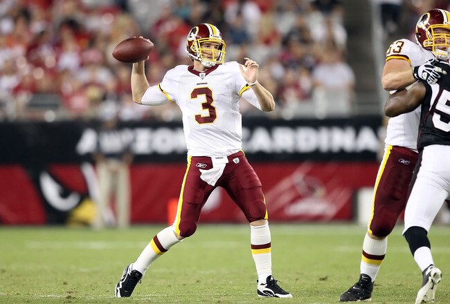 GLENDALE, AZ - SEPTEMBER 02:  Quarterback John Beck #3 of the Washington Redskins drops back to pass during preseason NFL game against the Arizona Cardinals at the University of Phoenix Stadium on September 2, 2010 in Glendale, Arizona. The Cardinals defe