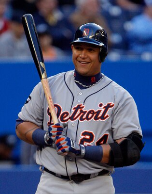 TORONTO, CANADA - MAY 9: Miguel Cabrera #24 laughs off a strike during MLB action against the Toronto Blue Jaysat the Rogers Centre May 9, 2011 in Toronto, Ontario, Canada. (Photo by Abelimages/Getty Images)