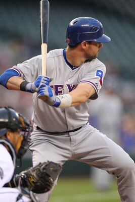SEATTLE - MAY 04:  Michael Young #10 of the Texas Rangers bats against the Seattle Mariners at Safeco Field on May 4, 2011 in Seattle, Washington. (Photo by Otto Greule Jr/Getty Images)