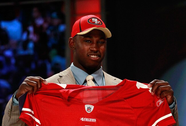 NEW YORK, NY - APRIL 28:  Aldon Smith, #7 overall pick by the San Francisco 49ers, holds up a jersey on stage during the 2011 NFL Draft at Radio City Music Hall on April 28, 2011 in New York City.  (Photo by Chris Trotman/Getty Images)