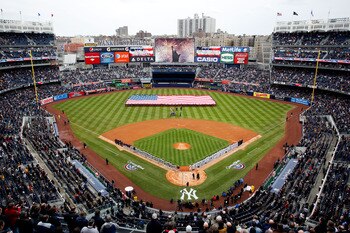 NEW YORK, NY - MARCH 31:  The National Anthem is performed by Haley Swindal as the US Navy Super Hornet flyover takes place before the New York Yankees face the Detroit Tigers on Opening Day at Yankee Stadium on March 31, 2011 in the Bronx borough of New 