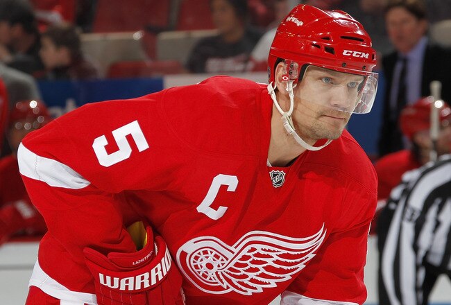 DETROIT, MI - APRIL 16: Nicklas Lidstrom #5 of the Detroit Red Wings looks on the Phoenix Coyotes in Game Two of the Western Conference Quarterfinals during the 2011 Stanley Cup Playoffs at Joe Louis Arena on April 16, 2011 in Detroit, Michigan.  (Photo b