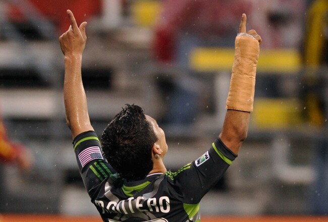 COLUMBUS, OH - MAY 7:  Fredy Montero #17 of the Seattle Sounders celebrates his goal against the Columbus Crew in the first half on May 7, 2011 at Crew Stadium in Columbus, Ohio.  (Photo by Jamie Sabau/Getty Images)