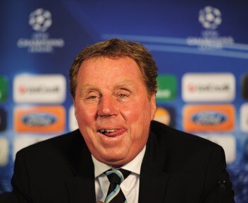 LONDON, ENGLAND - APRIL 12:  Tottenham Hotspur manager Harry Rednapp talks to the media during a press conference on the eve of their UEFA Champions League quarter-final second leg match against Real Madrid at White Hart Lane on April 12, 2011 in London,