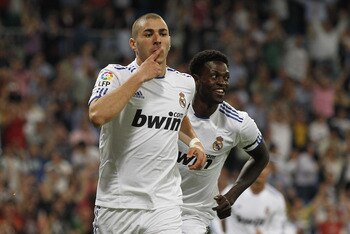 MADRID, SPAIN - MAY 10:  Karim Benzema of Real Madrid celebrates after scoring his side third goal during the La Liga match between Real Madrid and Getafe at Estadio Santiago Bernabeu on May 10, 2011 in Madrid, Spain.  (Photo by Angel Martinez/Getty Image