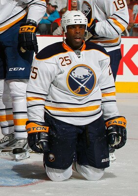 PHILADELPHIA, PA - APRIL 16:  Mike Grier #25 of the Buffalo Sabres looks up to an official asking for a penalty that was not called against the Philadelphia Flyers in Game Two of the Eastern Conference Quarterfinals during the 2011 NHL Stanley Cup Playoff