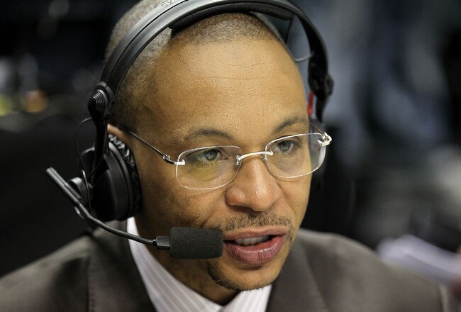 INDIANAPOLIS, IN - MARCH 10:  Big Ten Network announcer Gus Johnson calls the game between the Penn State Nittany Lions and the Indiana Hoosiers during the first round of the 2011 Big Ten Men's Basketball Tournament at Conseco Fieldhouse on March 10, 2011