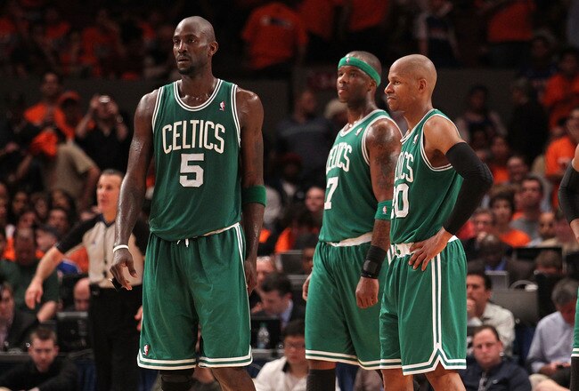 NEW YORK, NY - APRIL 24:  (L-R) Kevin Garnett #5, Jermaine O'Neal #7, Ray Allen #20 and Paul Pierce #34 of the Boston Celtics look on against the New York Knicks in Game Four of the Eastern Conference Quarterfinals during the 2011 NBA Playoffs on April 24