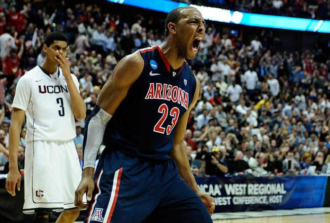 ANAHEIM, CA - MARCH 26:  Derrick Williams #23 of the Arizona Wildcats reacts after a dunk against of the Connecticut Huskies during the west regional final of the 2011 NCAA men's basketball tournament at the Honda Center on March 26, 2011 in Anaheim, Cali