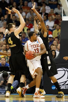 TULSA, OK - MARCH 18:  Tristan Thompson #13 of the Texas Longhorns looks to take a shot against the Oakland Golden Grizzlies during the second round of the 2011 NCAA men's basketball tournament at BOK Center on March 18, 2011 in Tulsa, Oklahoma.  (Photo b