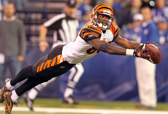 INDIANAPOLIS - NOVEMBER 14:  Chad Ochocinco #85 of the Cincinnati Bengals reaches for a pass during the Bengals 23-17 loss to the Indianapolis Colts in the NFL game at Lucas Oil Stadium on November 14, 2010 in Indianapolis, Indiana.  (Photo by Andy Lyons/