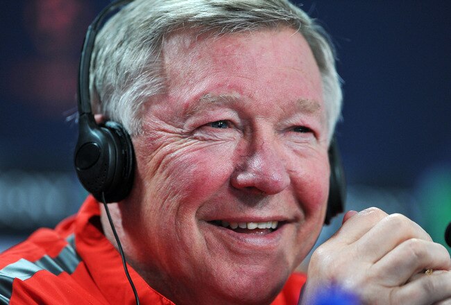 LONDON, ENGLAND - MAY 27:  In this UEFA handout image Manager Alex Ferguson smiles during the Manchester United press conference ahead of the UEFA Champions League Final against FC Barcelona at Wembley Stadium on May 27, 2011 in London, England.  (Photo b