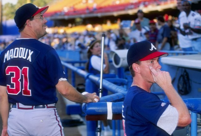 9 Sep 1997:  Tom Glavine and Greg Maddux of the Atlanta Braves during the Braves 4-3 win over the Los Angeles Dodgers at Dodger Stadium in Los Angeles, California. Mandatory Credit: Harry How  /Allsport