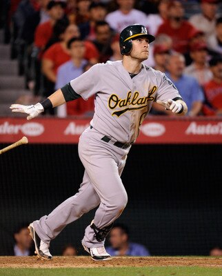 ANAHEIM, CA - MAY 25:Daric Barton #10 of the Oakland Athletics at bat during the baseball game against the Los Angeles Angels of Anaheim at Angel Stadium of Anaheim on May 25, 2011 in Anaheim, California.  (Photo by Kevork Djansezian/Getty Images)