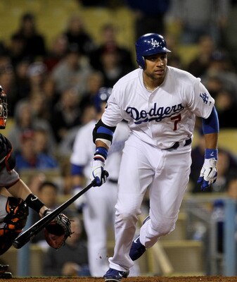 LOS ANGELES, CA - MAY 18:  James Loney #7 of the Los Angeles Dodgers ties the game with an RBI single in the eighth inning against the San Francisco Giants on May 18, 2011 at Dodger Stadium in Los Angeles, California.  (Photo by Stephen Dunn/Getty Images)