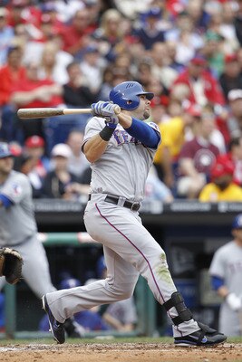 PHILADELPHIA, PA - MAY 22: Mitch Moreland #18 of the Texas Rangers doubles off the outfield wall in the sixth inning to drive in a run against the Philadelphia Phillies at Citizens Bank Park on May 22, 2011 in Philadelphia, Pennsylvania. The Rangers won 2