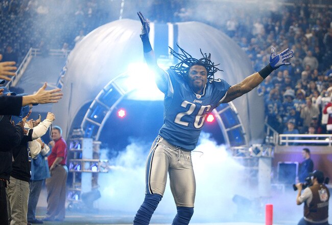 DETROIT - DECEMBER 20: Louis Delmas #26 the Detroit Lions takes the field during player introductions prior to playing the Arizona Cardinals on December 20, 2009 at Ford Field in Detroit, Michigan. Arizona won the game 31-24.  (Photo by Gregory Shamus/Get