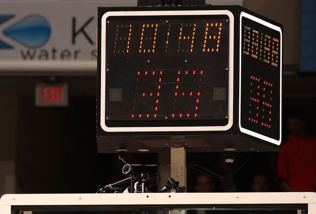 INDIANAPOLIS - MARCH 14:  A detail of the backboard and shot clock as a basketball goes thru the hoop as the Michigan State Spartans play against the Ohio State Buckeyes during their semifinal game of the Big Ten Men's Basketball Tournament at Conseco Fie