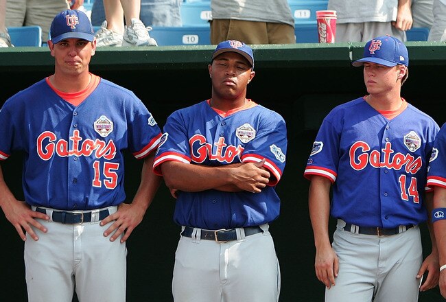 OMAHA, NE - JUNE 26:  Members of the Florida Gators look on from the dugout after losing to the Texas Longhorns during Game 2 of the championship series of the 59th College World Series on June 26, 2005 at Rosenblatt Stadium in Omaha, Nebraska.  (Photo by