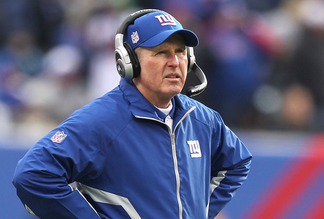 EAST RUTHERFORD, NJ - DECEMBER 19:  Tom Coughlin, Head Coach of the New York Giants looks on against the Philadelphia Eagles during their game on December 19, 2010 at The New Meadowlands Stadium in East Rutherford, New Jersey.  (Photo by Al Bello/Getty Im