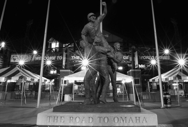 OMAHA, NE - JUNE 29:  (EDITOR'S NOTE: THIS DIGITAL IMAGE HAS BEEN CONVERTED TO BLACK AND WHITE) General view of the 'Road to Omaha' Statue in front of the Rosenblatt Stadium following game 2 of the men's 2010 NCAA College Baseball World Series between the