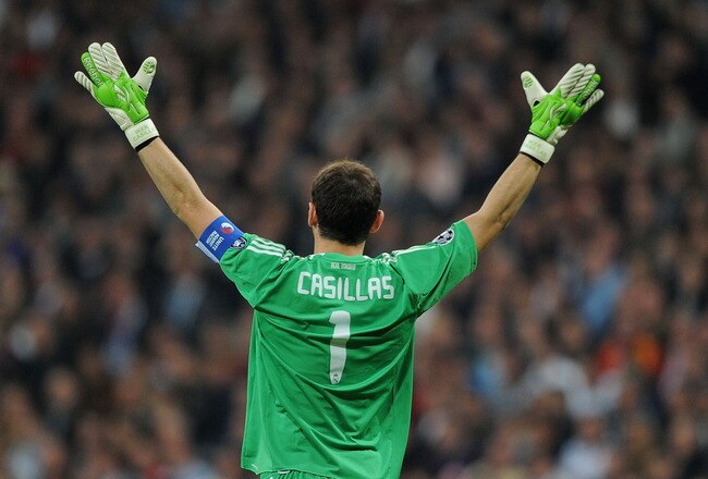MADRID, SPAIN - OCTOBER 19:  Iker Casillas of Real Madrid urges on his side during the UEFA Champions League Group G match between Real Madrid and AC Milan at Estadio Santiago Bernabeu on October 19, 2010 in Madrid, Spain.  (Photo by Denis Doyle/Getty Ima