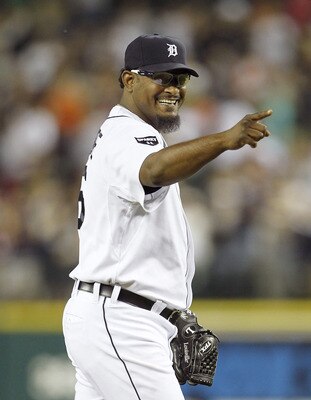 DETROIT - JUNE 01:  Jose Valverde #46 of the Detroit Tigers celebrates a 4-2 win over the Minnesota Twins at Comerica Park on June 1, 2011 in Detroit, Michigan. (Photo by Leon Halip/Getty Images)