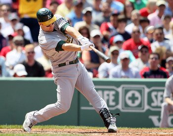 BOSTON, MA - JUNE 04:  Josh Willingham #16 of the Oakland Athletics gets a 2 RBI hit in the sixth inning against the Boston Red Sox on June 4, 2011 at Fenway Park in Boston, Massachusetts.  (Photo by Elsa/Getty Images)
