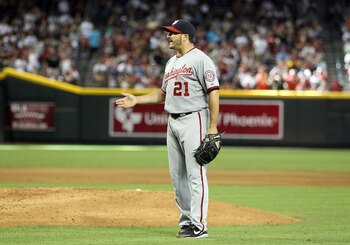 PHOENIX, AZ - JUNE 05:  Starting pitcher Jason Marquis #21 of the Washington Nationals reacts after being ejected in the sixth inning of the Major League Baseball game against the Arizona Diamondbacks at Chase Field on June 5, 2011 in Phoenix, Arizona.  (