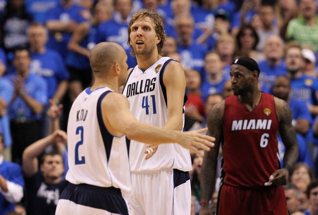 DALLAS, TX - JUNE 07:  (L-R) Jaosn Kidd #2 and Dirk Nowitzki #41 of the Dallas Mavericks celebrate a play as LeBron James #6 of the Miami Heat looks on in Game Four of the 2011 NBA Finals at American Airlines Center on June 7, 2011 in Dallas, Texas. The M