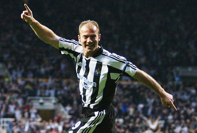 NEWCASTLE, ENGLAND - APRIL 14:  Alan Shearer of Newcastle United celebrates the first goal during the UEFA Cup Quarter Final Second Leg match between Newcastle United and PSV Eindhoven at St James Park, on April 14, 2004 in Newcastle, England.  (Photo by
