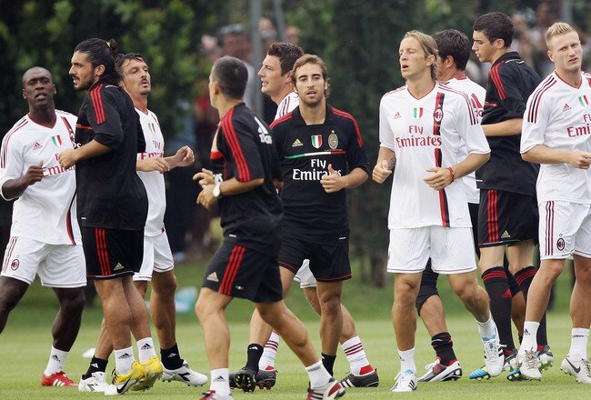 SOLBIATE ARNO, ITALY - JULY 12:  Players of AC Milan in action during a training session at Milanello on July 12, 2011 in Solbiate Arno, Italy.  (Photo by Vittorio Zunino Celotto/Getty Images)