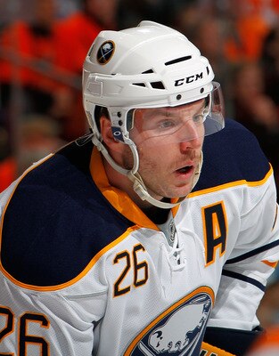PHILADELPHIA, PA - APRIL 16:  Thomas Vanek #26 of the Buffalo Sabres waits for a faceoff against the Philadelphia Flyers in Game Two of the Eastern Conference Quarterfinals during the 2011 NHL Stanley Cup Playoffs at Wells Fargo Center on April 16, 2011 i