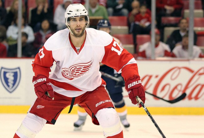 DETROIT - OCTOBER 30:  Patrick Eaves #17 of the Detroit Red Wings skates in a game against the Nashville Predators on October 30,2010 at the Joe Louis Arena in Detroit , Michigan. The Wings defeated the Predators 5-2. (Photo by Claus Andersen/Getty Images