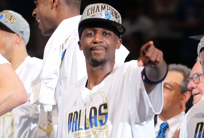 MIAMI, FL - JUNE 12:  Jason Terry #31 of the Dallas Mavericks celebrates with his teammates after the Mavericks won 105-95 against the Miami Heat in Game Six of the 2011 NBA Finals at American Airlines Arena on June 12, 2011 in Miami, Florida. NOTE TO USE