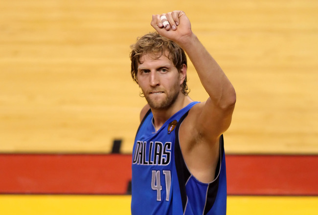 MIAMI, FL - JUNE 12:  Dirk Nowitzki #41 of the Dallas Mavericks celebrates against the Miami Heat in Game Six of the 2011 NBA Finals at American Airlines Arena on June 12, 2011 in Miami, Florida. The Mavericks won 105-95. NOTE TO USER: User expressly ackn