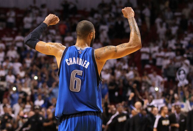 MIAMI, FL - JUNE 12:  Tyson Chandler #6 of the Dallas Mavericks celebrates after the Mavricks won 105-95 against the Miami Heat in Game Six of the 2011 NBA Finals at American Airlines Arena on June 12, 2011 in Miami, Florida. NOTE TO USER: User expressly