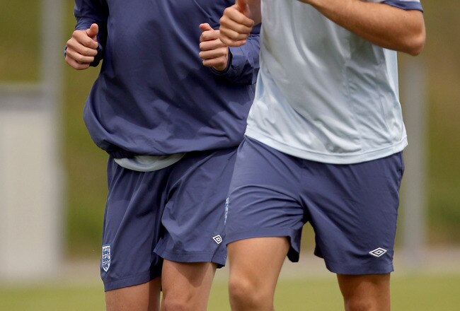 FREDERICIA, DENMARK - JUNE 14:  Jordan Henderson and Phil Jones in action during the England under 21 training session, ahead of their UEFA European Under-21 Championship Group B match against Ukraine, at Monjasa Park stadium on June 14, 2011 in Frederici
