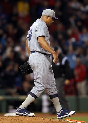 BOSTON, MA - MAY 21:  Carlos Zambrano #38 of the Chicago Cubs reacts after giving up a two run homer to David Ortiz outfield the Boston Red Sox on May 21, 2011 at Fenway Park in Boston, Massachusetts. Tonight the Chicago Cubs and the Boston Red Sox are we