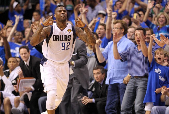 DALLAS, TX - JUNE 07:  DeShawn Stevenson #92 of the Dallas Mavericks reacts after he made a 3-point shot in the first half against the Miami Heat in Game Four of the 2011 NBA Finals at American Airlines Center on June 7, 2011 in Dallas, Texas. NOTE TO USE