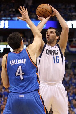 DALLAS, TX - MAY 19:  Peja Stojakovic #16 of the Dallas Mavericks shoots the ball over Nick Collison #4 of the Oklahoma City Thunder in Game Two of the Western Conference Finals during the 2011 NBA Playoffs at American Airlines Center on May 19, 2011 in D