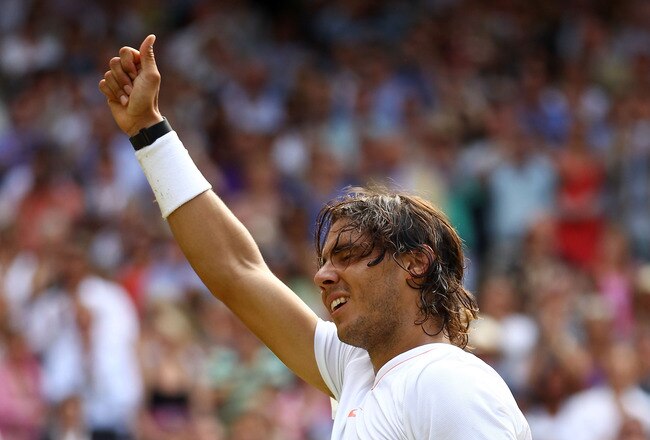 LONDON, ENGLAND - JULY 04:  Rafael Nadal of Spain celebrates Championship Point during his Mens Singles Final match against Tomas Berdych of Czech Republic on Day Thirteen of the Wimbledon Lawn Tennis Championships at the All England Lawn Tennis and Croqu