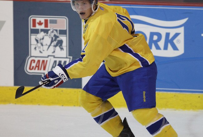 LAKE PLACID, NY - AUGUST 03:  Gabriel Landeskog #12 of Team Sweden skates against Team USA at the USA Hockey National Evaluation Camp on August 3, 2010 in Lake Placid, New York. Team USA defeated Team Sweden 6-3.  (Photo by Bruce Bennett/Getty Images)