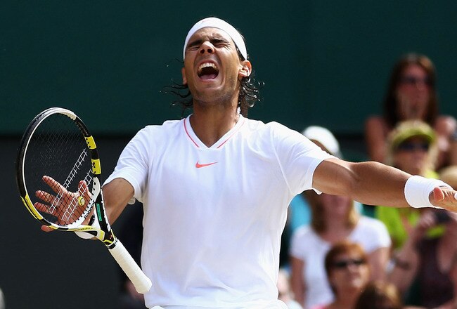 LONDON, ENGLAND - JULY 04:  Rafael Nadal of Spain celebrates Championship Point during his Mens Singles Final match against Tomas Berdych of Czech Republic on Day Thirteen of the Wimbledon Lawn Tennis Championships at the All England Lawn Tennis and Croqu